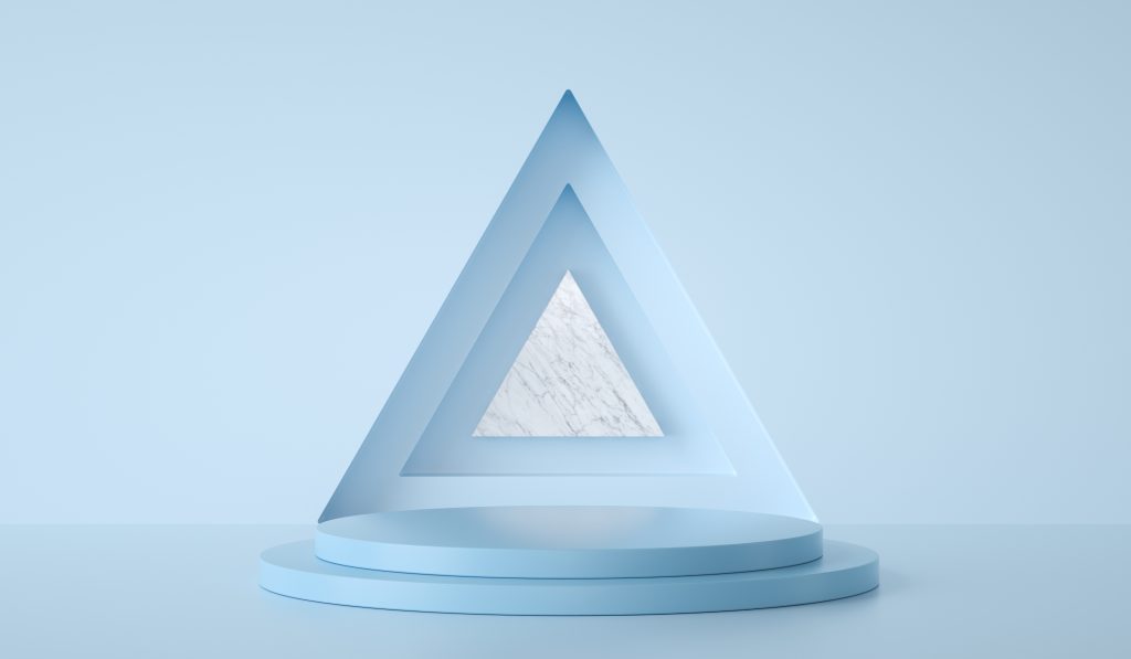 a triangle on a podium with a blue background, representing the drama triangle