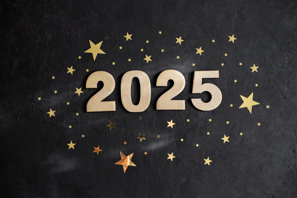 sober new years wishes expressed through gold stars and "2025" on a black background